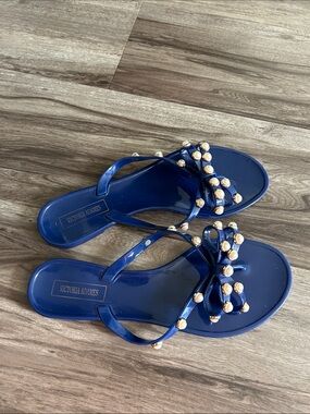 Victoria Adames Navy Pearl-Accent Jelly Bow Sandals